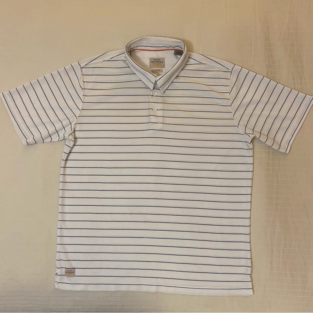 Quiksilver White and Navy Striped Polo Shirt sz L